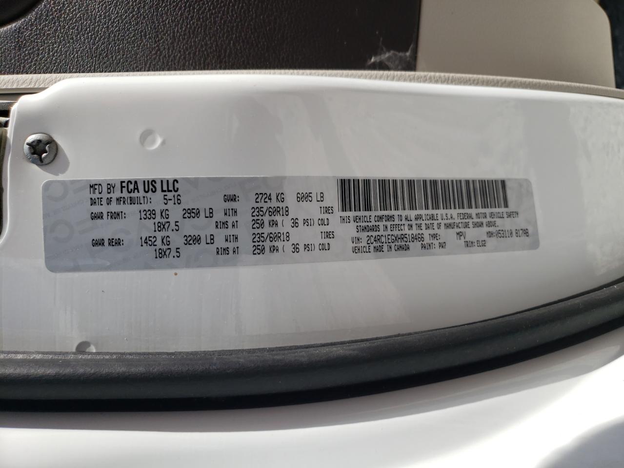 Фото 10 с аукциона – 2017 CHRYSLER PACIFICA T с VIN 2C4RC1EGXHR518466