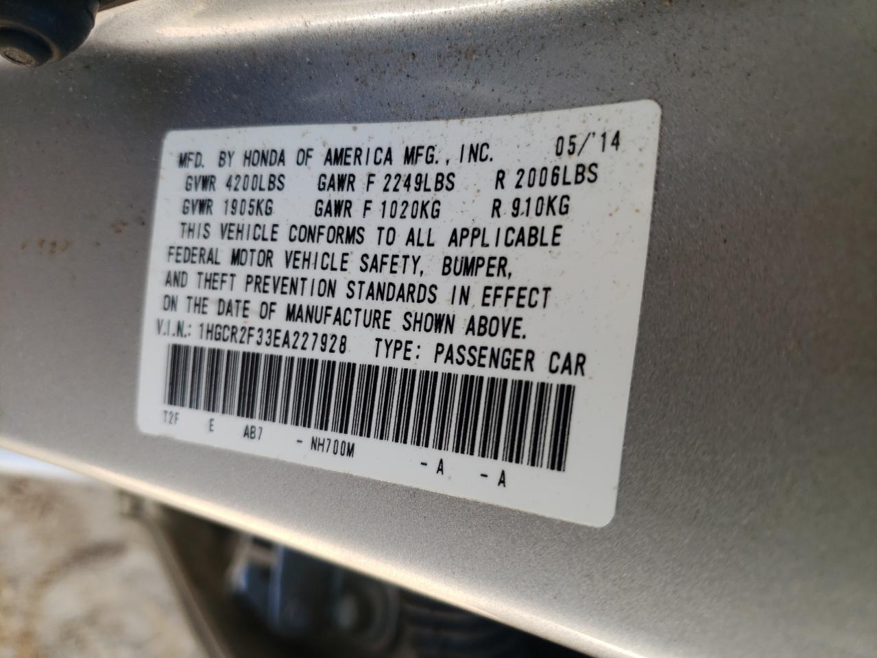 Photo 10 from auction – 2014 HONDA ACCORD LX with VIN 1HGCR2F33EA227928