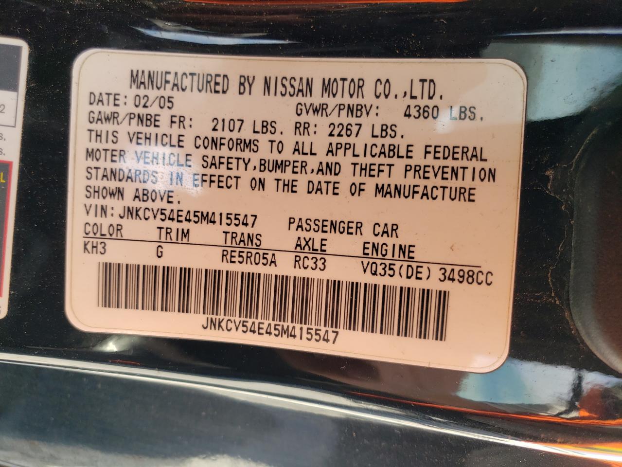 Photo 10 from auction – 2005 INFINITI G35 with VIN JNKCV54E45M415547