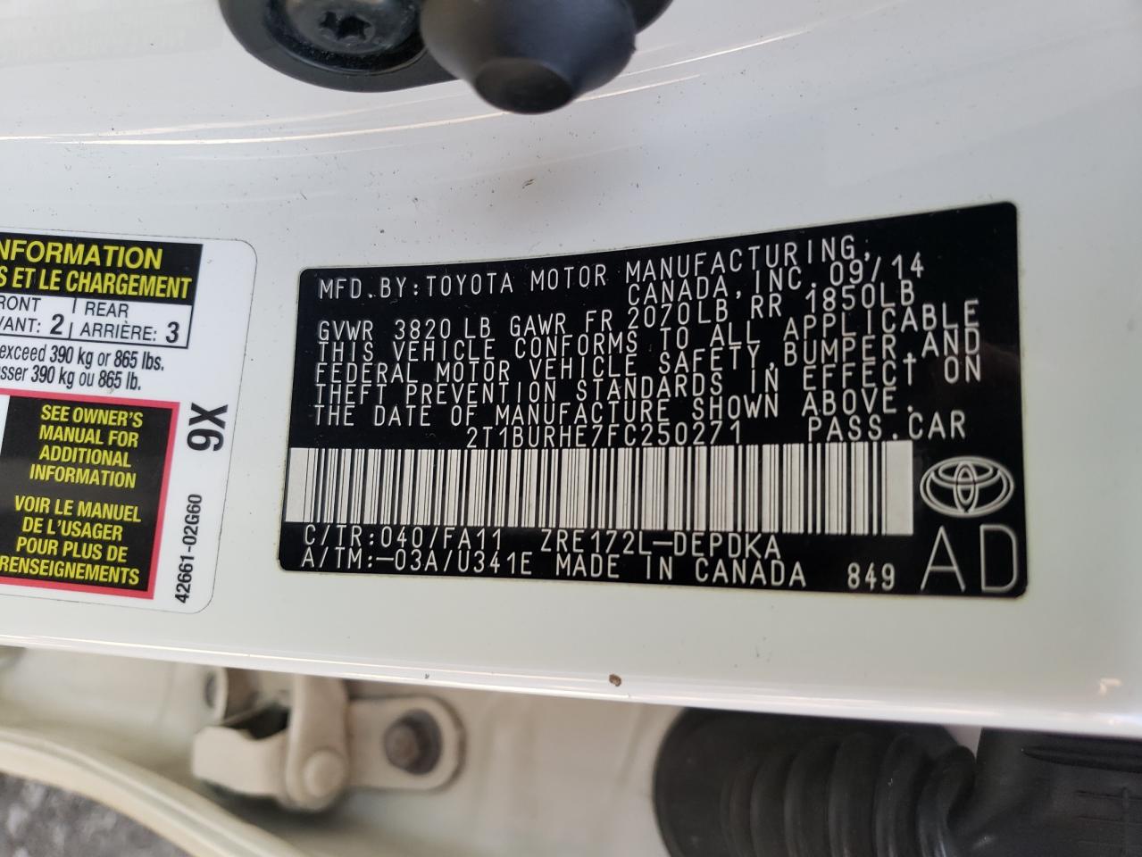 Photo 10 from auction – 2015 TOYOTA COROLLA L with VIN 2T1BURHE7FC250271