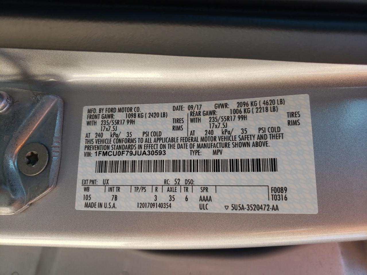 Photo 10 from auction – 2018 FORD ESCAPE S with VIN 1FMCU0F79JUA30593