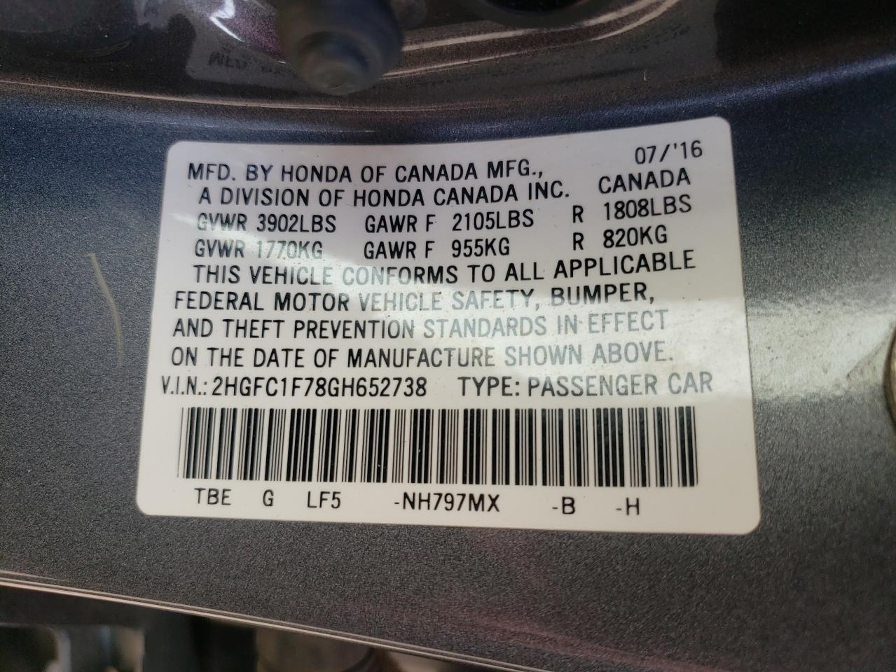 Photo 10 from auction – 2016 HONDA CIVIC EXL with VIN 2HGFC1F78GH652738