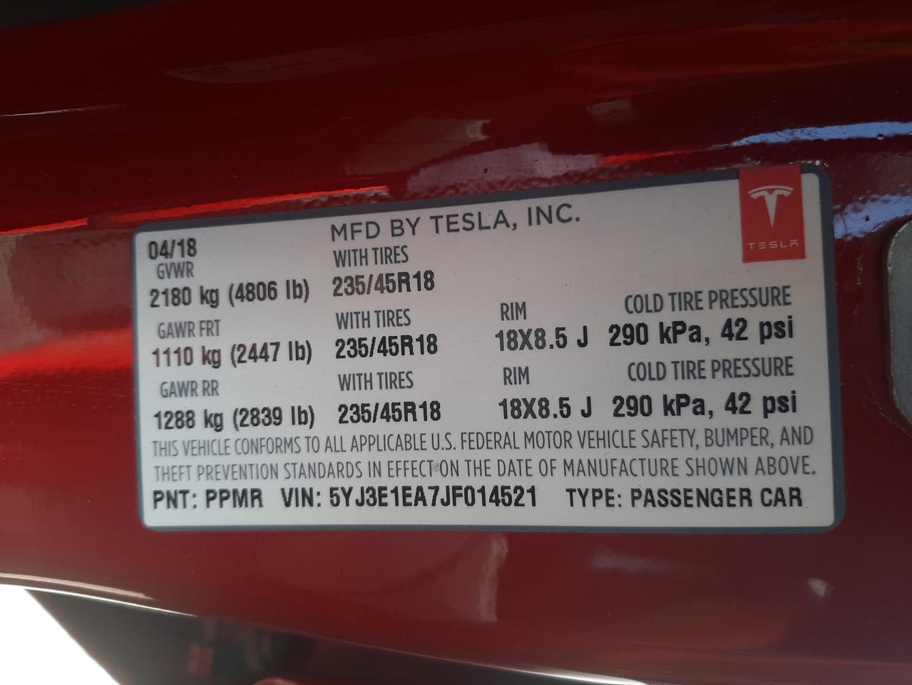 Photo 10 from auction – 2018 TESLA MODEL 3 with VIN 5YJ3E1EA7JF014521