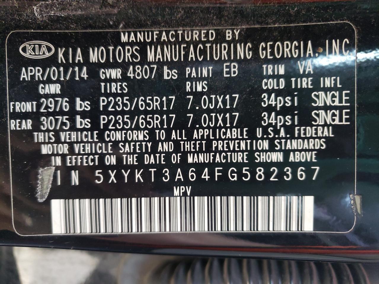 Photo 10 from auction – 2015 KIA SORENTO LX with VIN 5XYKT3A64FG582367