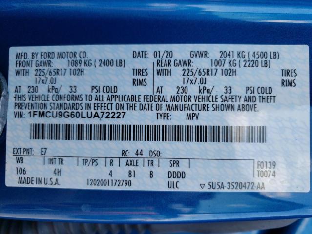 Photo 10 from auction – 2020 FORD ESCAPE SE with VIN 1FMCU9G60LUA72227