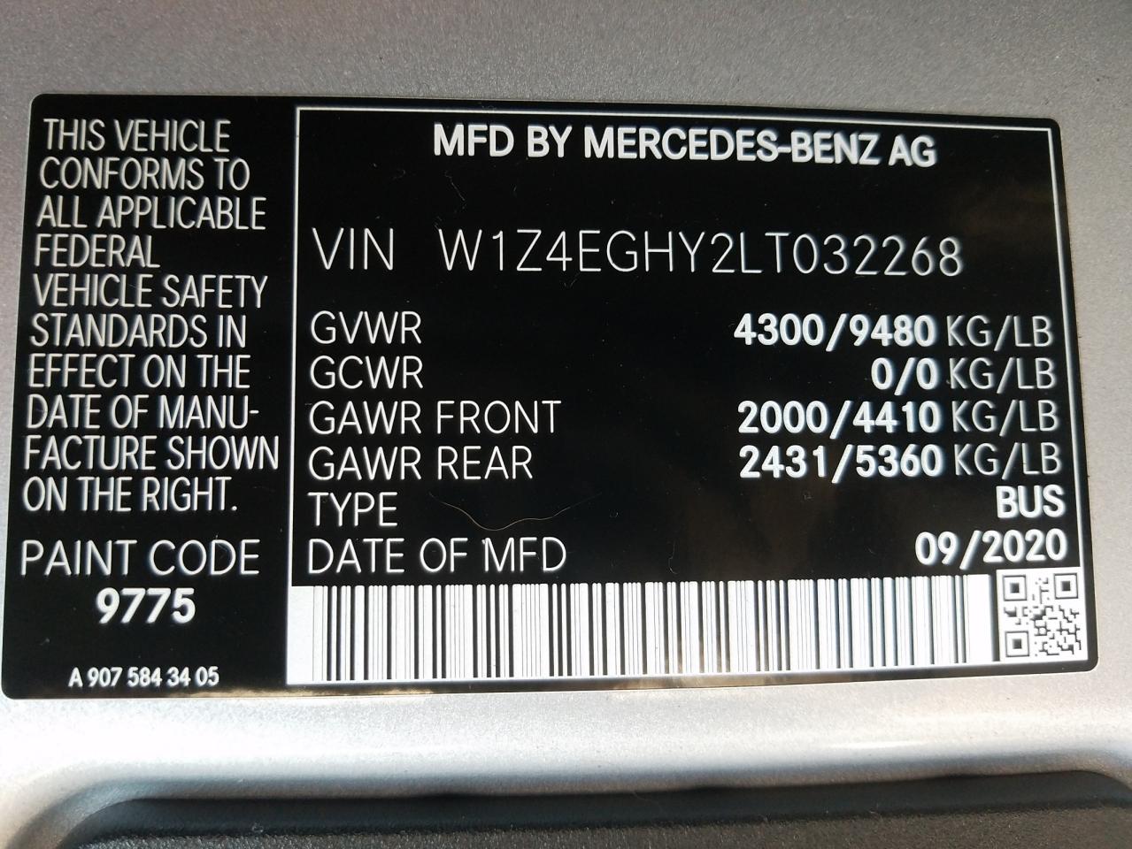 Photo 10 from auction – 2020 MERCEDES-BENZ SPRINTER 2 with VIN W1Z4EGHY2LT032268