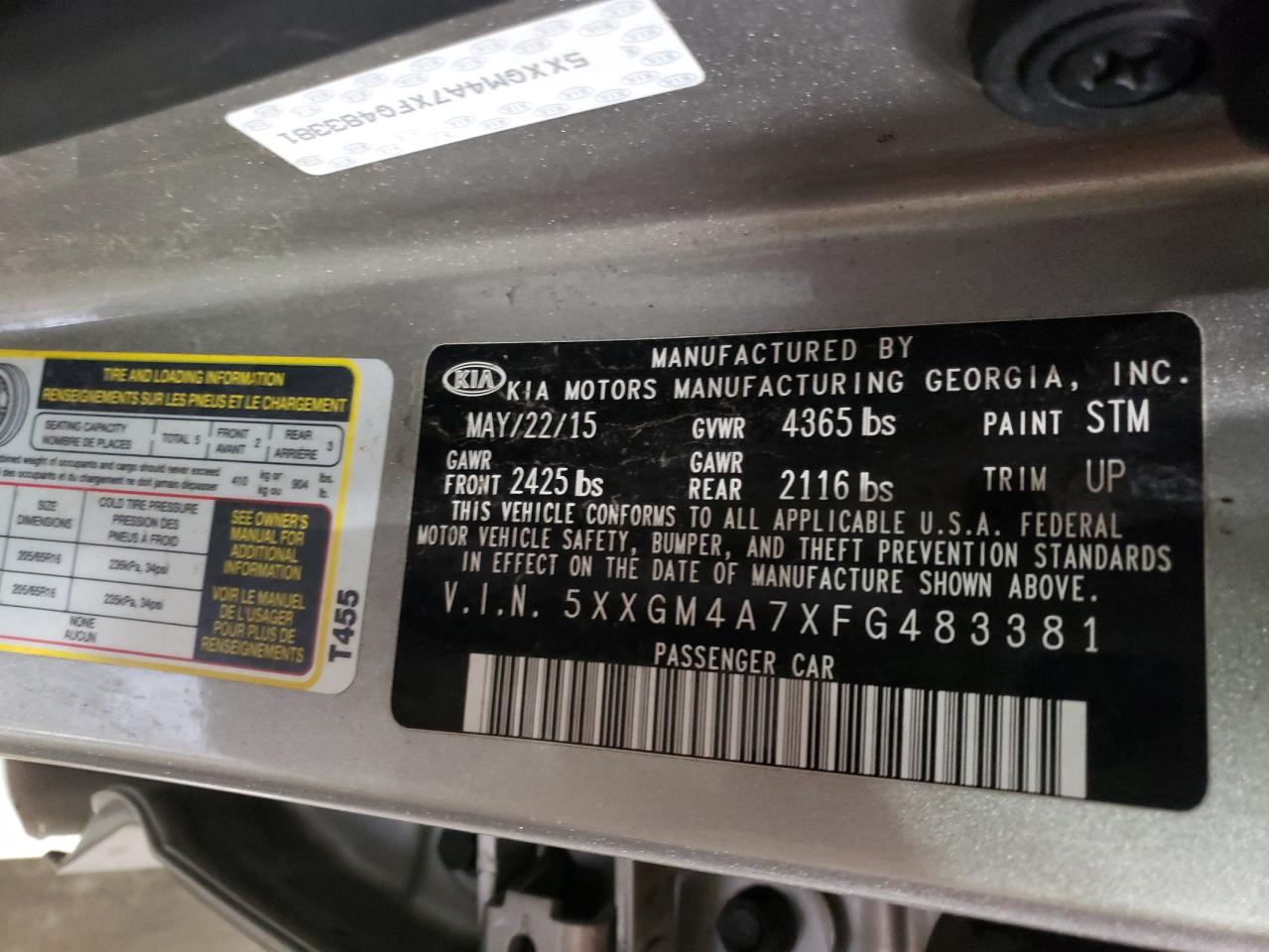 Photo 10 from auction – 2015 KIA OPTIMA LX with VIN 5XXGM4A7XFG483381