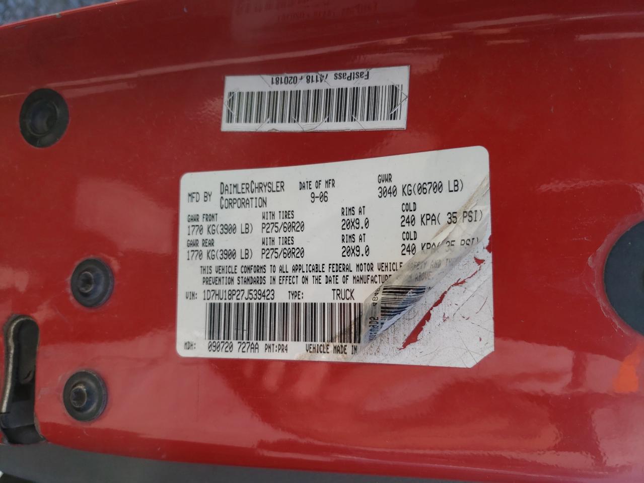 Photo 10 from auction – 2007 DODGE RAM 1500 with VIN 1D7HU18P27J539423