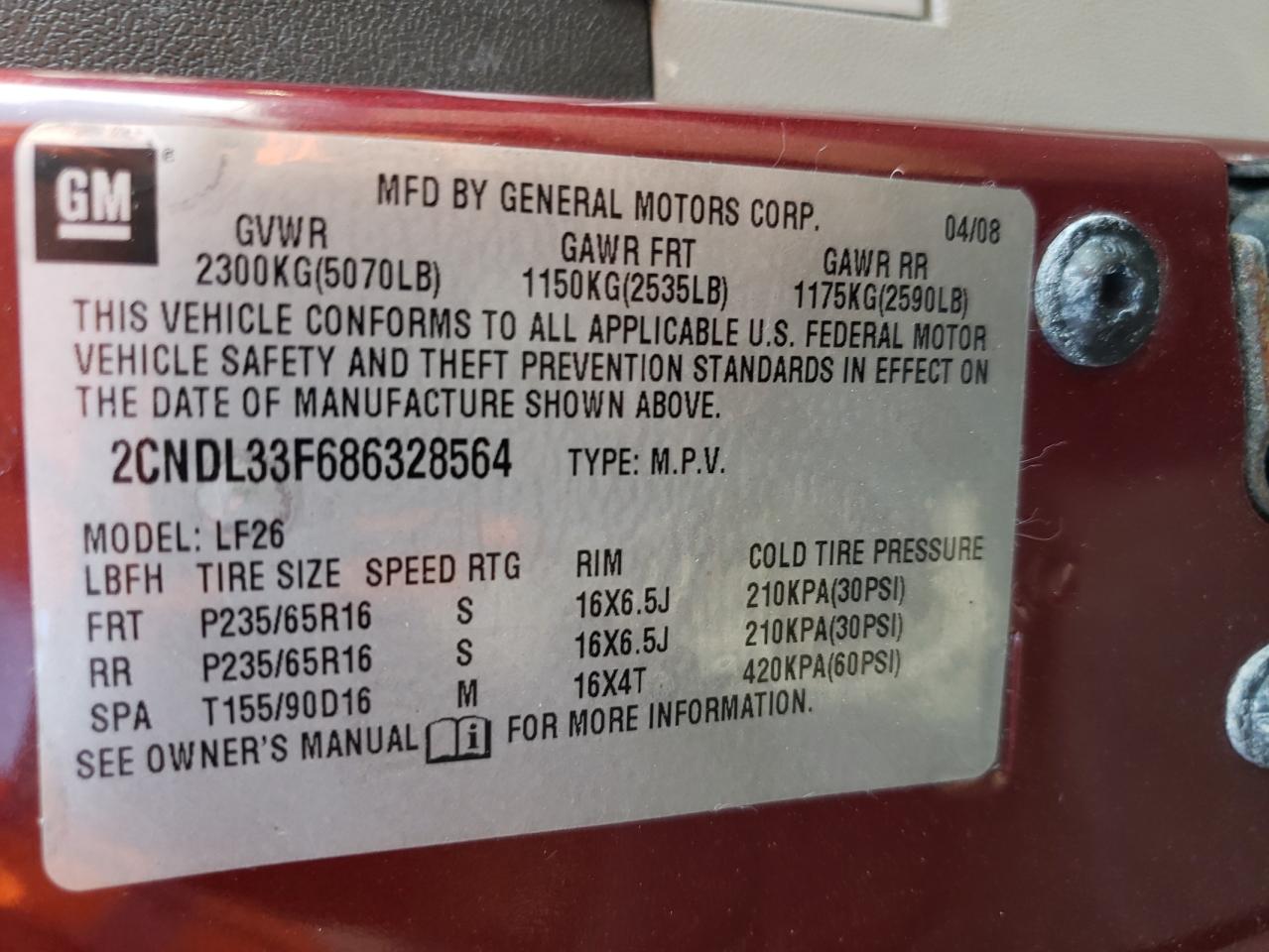 Photo 10 from auction – 2008 CHEVROLET EQUINOX LT with VIN 2CNDL33F686328564