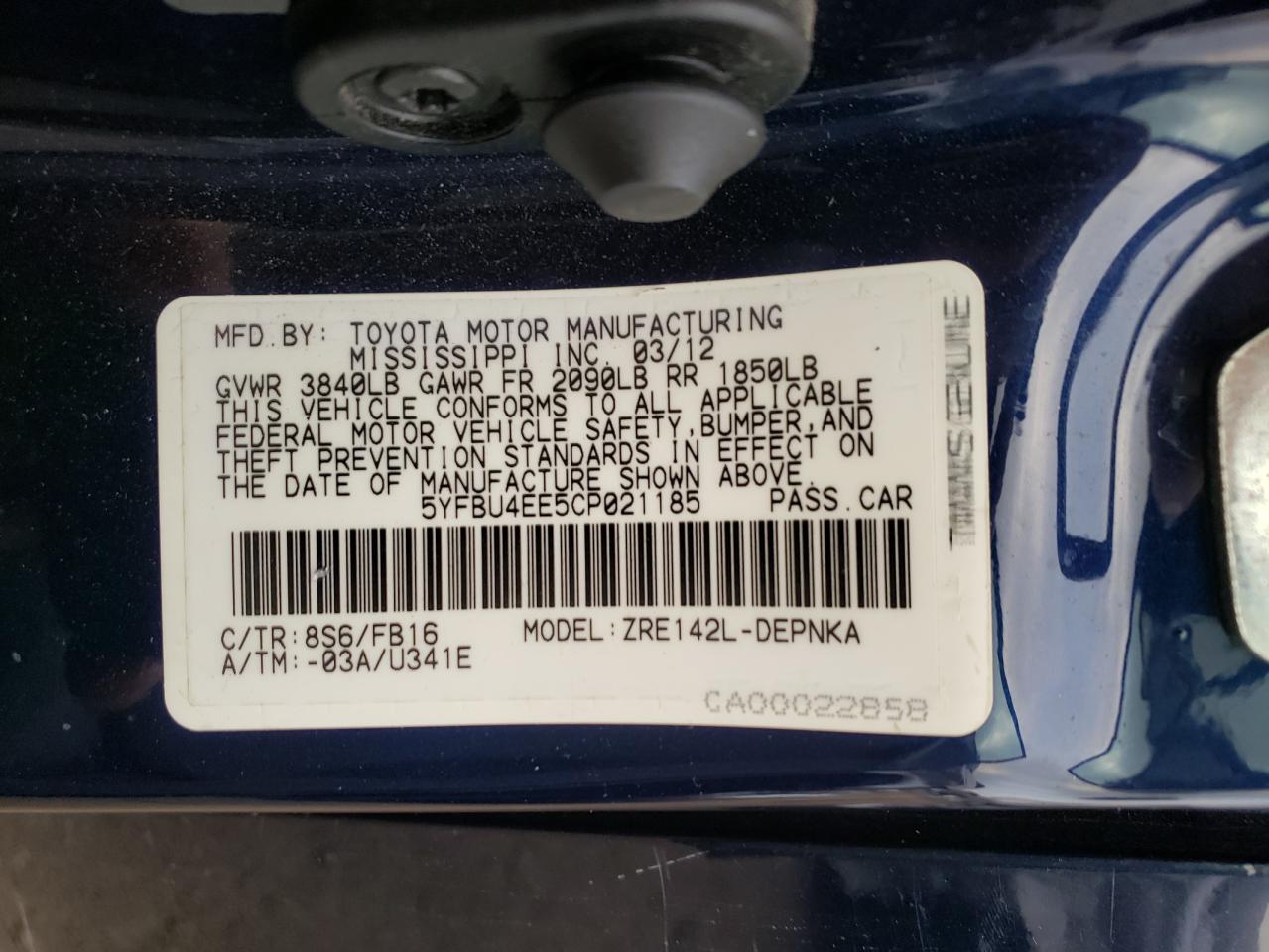 Photo 10 from auction – 2012 TOYOTA COROLLA BA with VIN 5YFBU4EE5CP021185