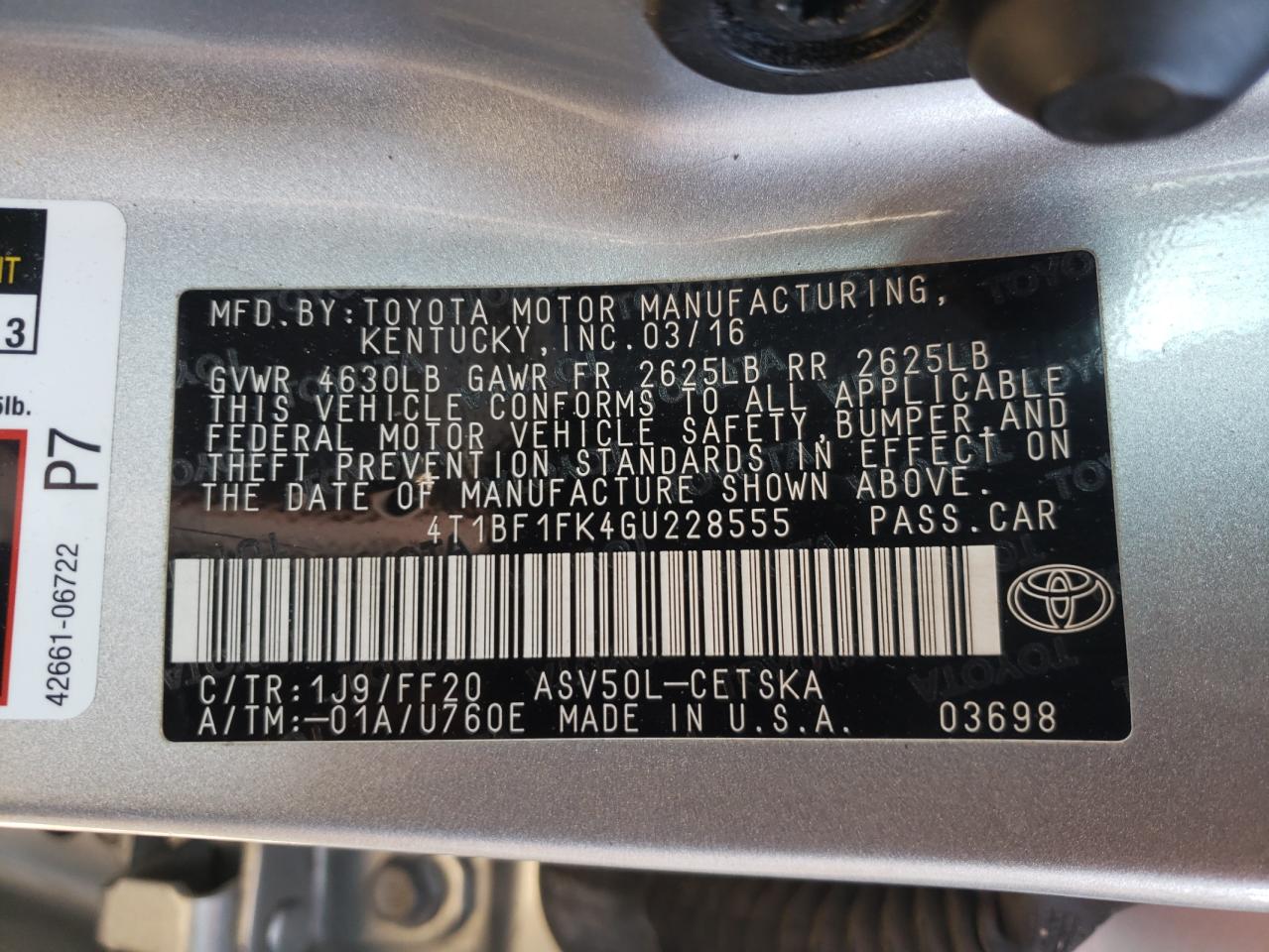 Photo 20 from auction – 2016 TOYOTA CAMRY LE with VIN 4T1BF1FK4GU228555