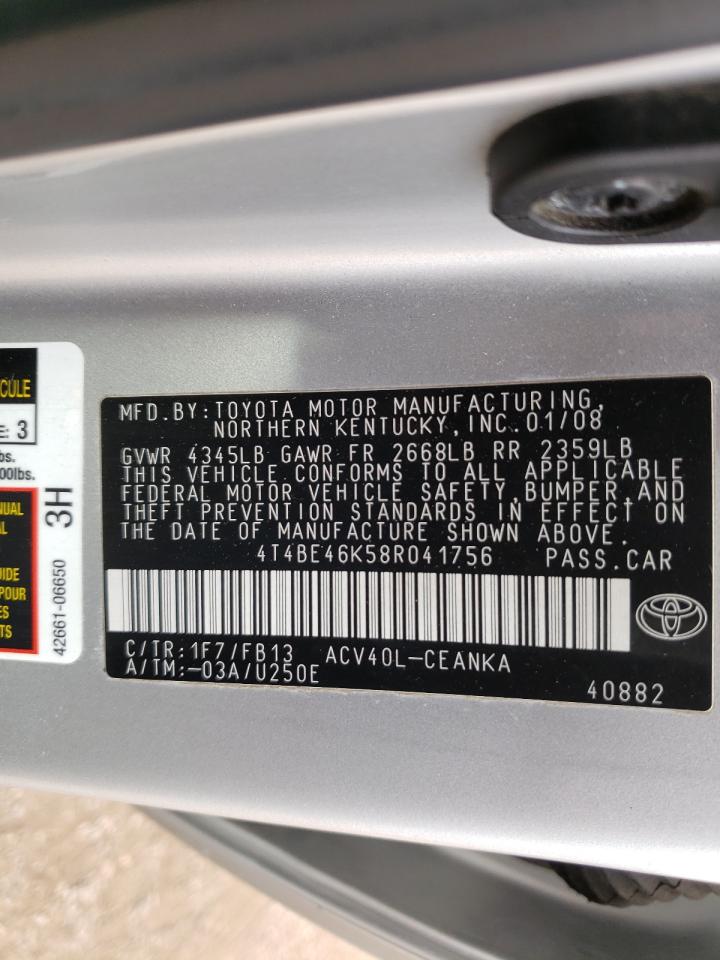Photo 10 from auction – 2008 TOYOTA CAMRY CE with VIN 4T4BE46K58R041756