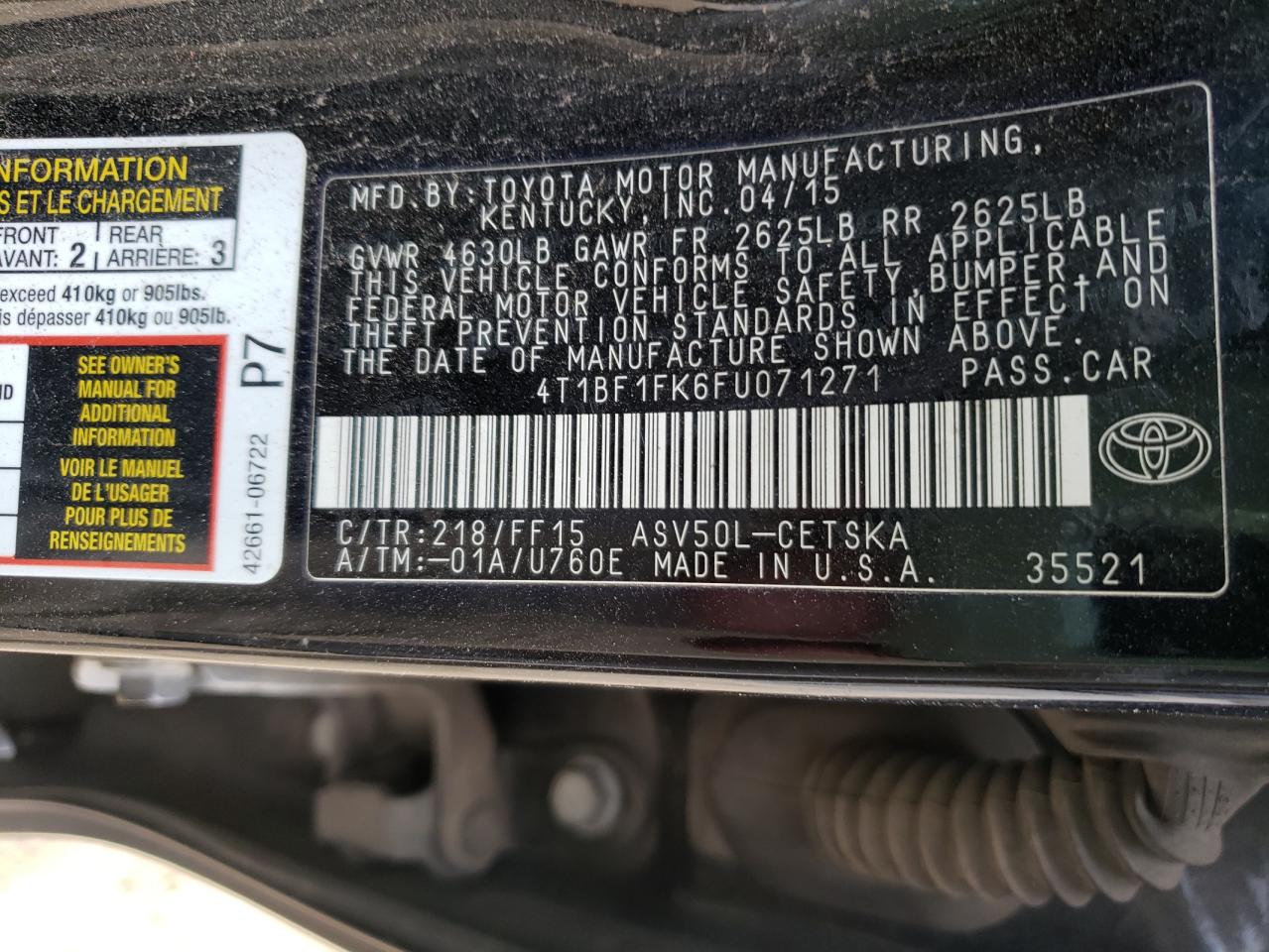 Photo 10 from auction – 2015 TOYOTA CAMRY LE with VIN 4T1BF1FK6FU071271