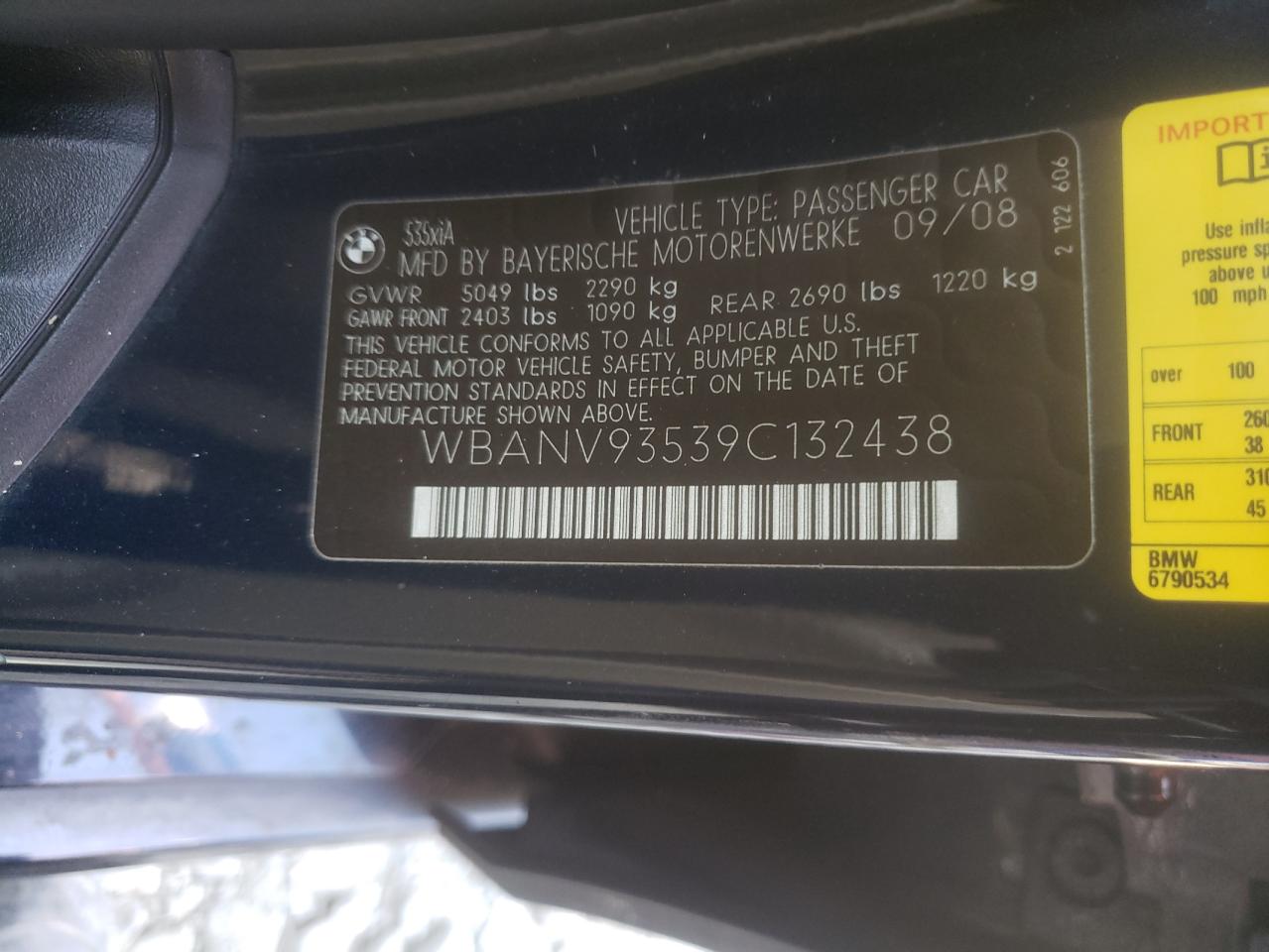 Photo 10 from auction – 2009 BMW 535 XI with VIN WBANV93539C132438