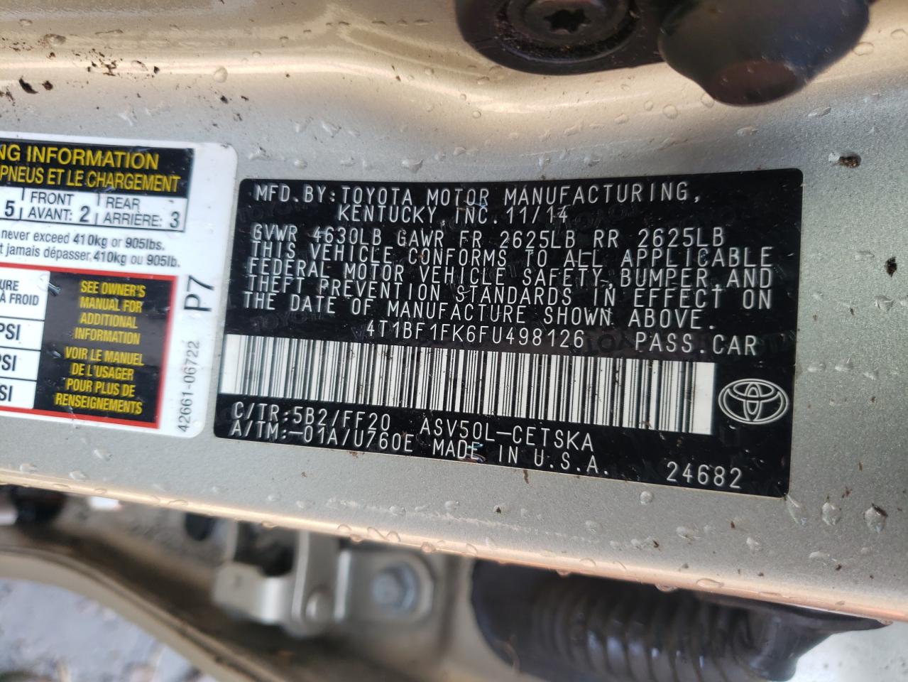 Photo 10 from auction – 2015 TOYOTA CAMRY LE with VIN 4T1BF1FK6FU498126