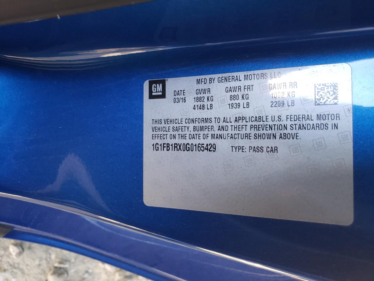 Photo 10 from auction – 2016 CHEVROLET CAMARO LT with VIN 1G1FB1RX0G0165429