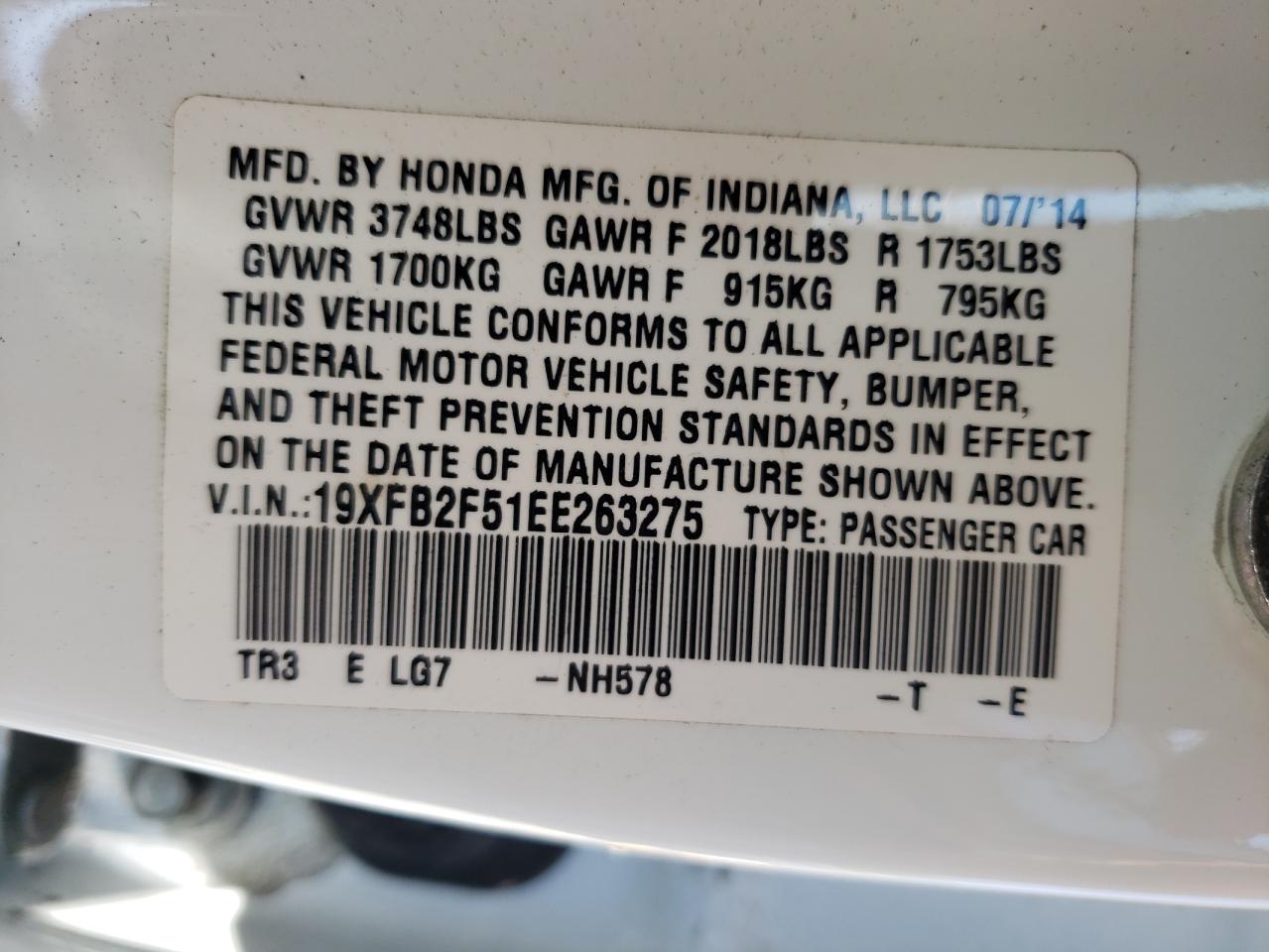 Photo 10 from auction – 2014 HONDA CIVIC LX with VIN 19XFB2F51EE263275
