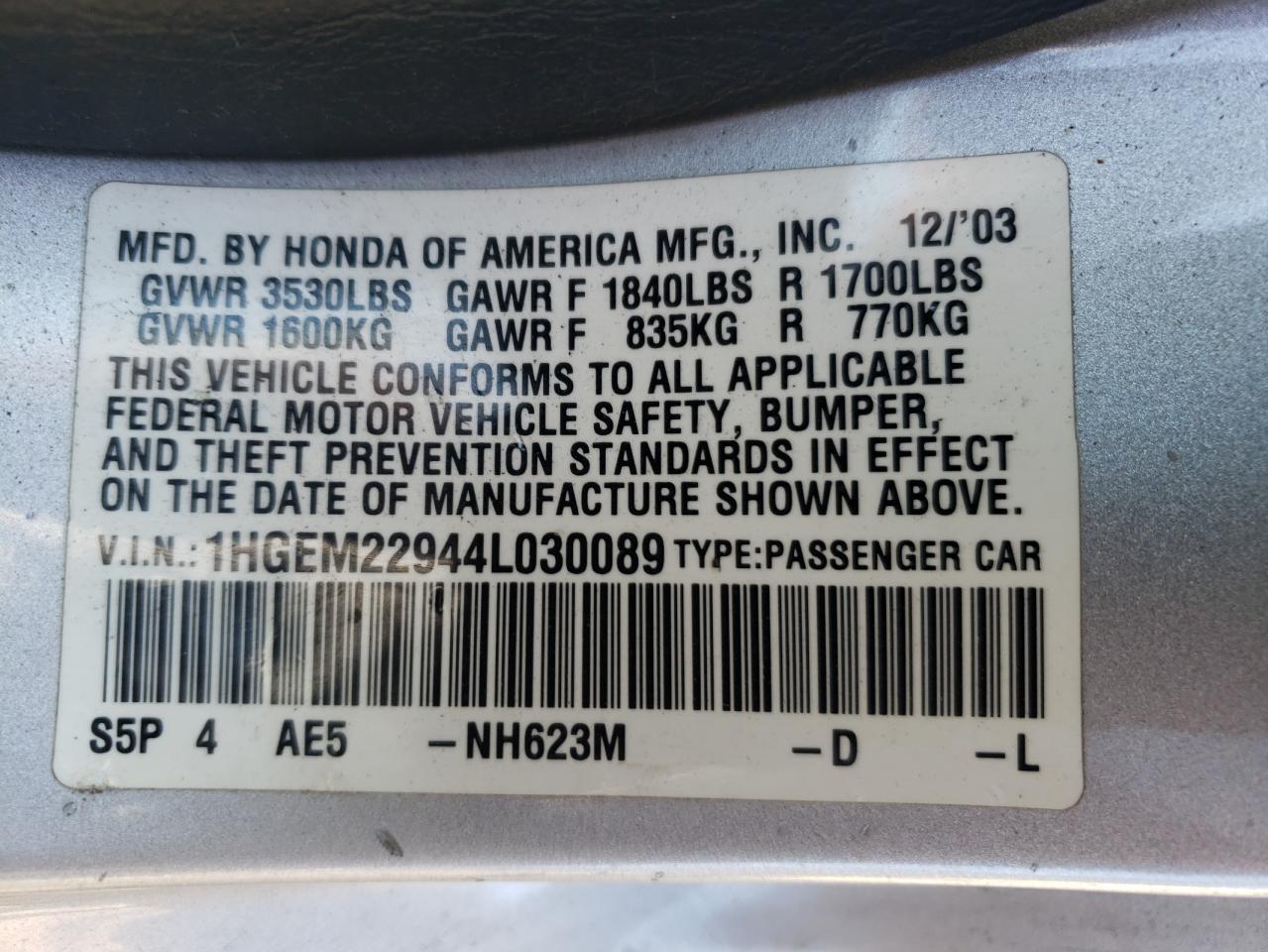 Photo 10 from auction – 2004 HONDA CIVIC EX with VIN 1HGEM22944L030089
