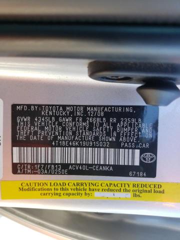 Photo 10 from auction – 2009 TOYOTA CAMRY BASE with VIN 4T1BE46K19U915032