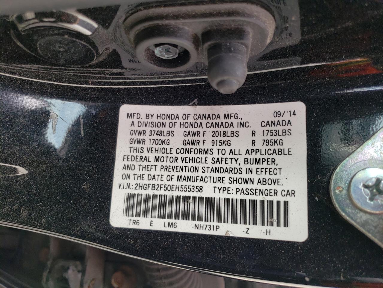 Photo 10 from auction – 2014 HONDA CIVIC LX with VIN 2HGFB2F50EH555358