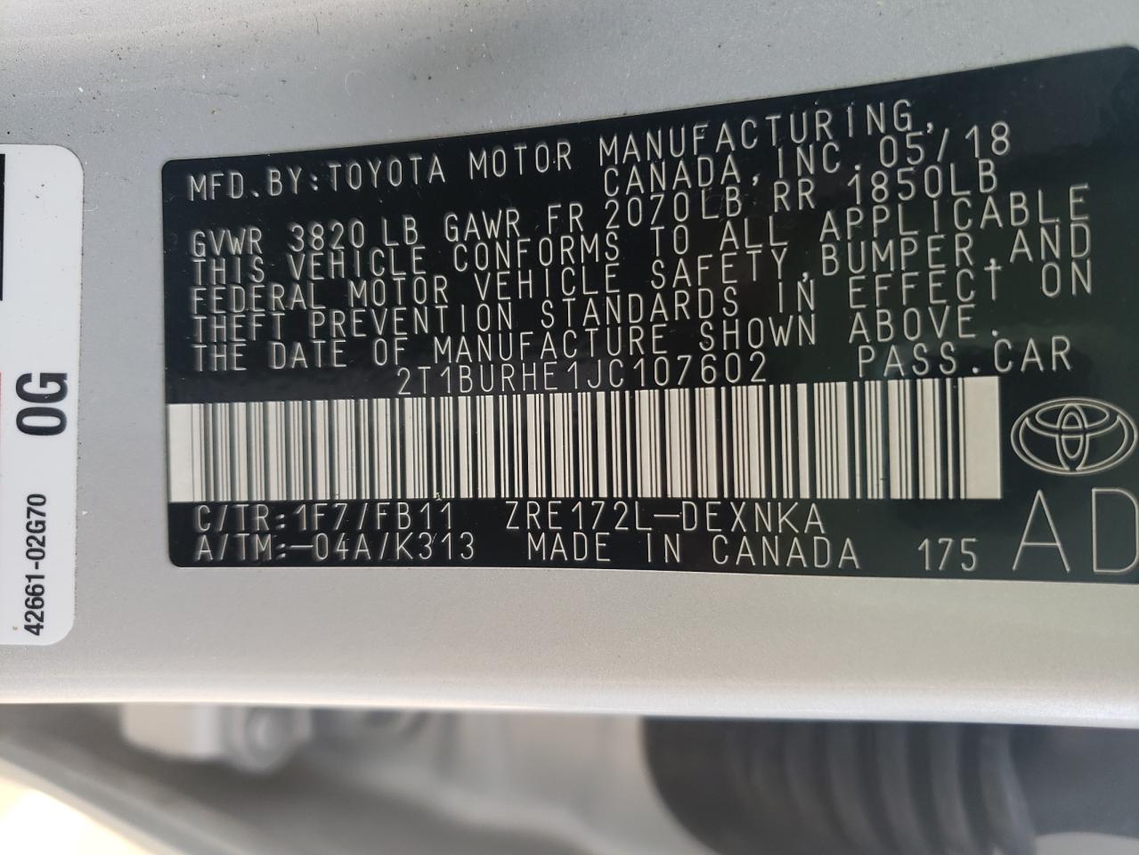 Photo 10 from auction – 2018 TOYOTA COROLLA L with VIN 2T1BURHE1JC107602