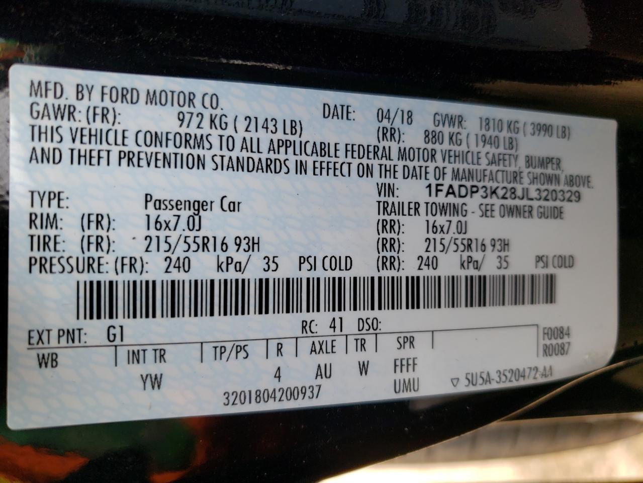 Photo 10 from auction – 2018 FORD FOCUS SE with VIN 1FADP3K28JL320329