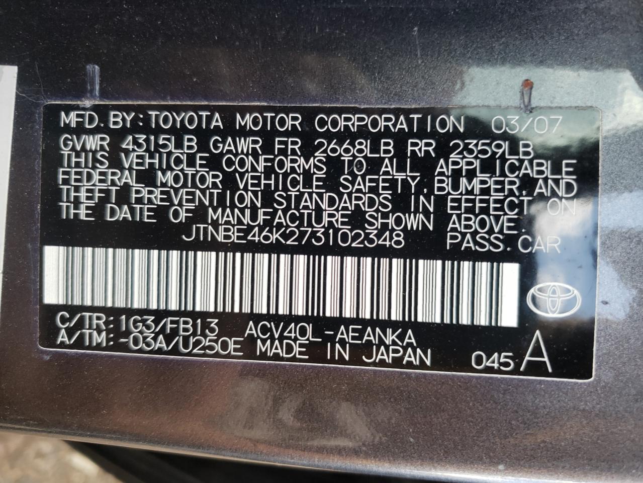 Photo 10 from auction – 2007 TOYOTA CAMRY CE with VIN JTNBE46K273102348