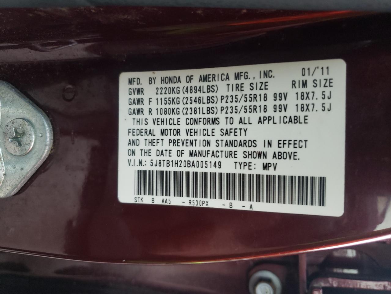 Photo 10 from auction – 2011 ACURA RDX with VIN 5J8TB1H20BA005149