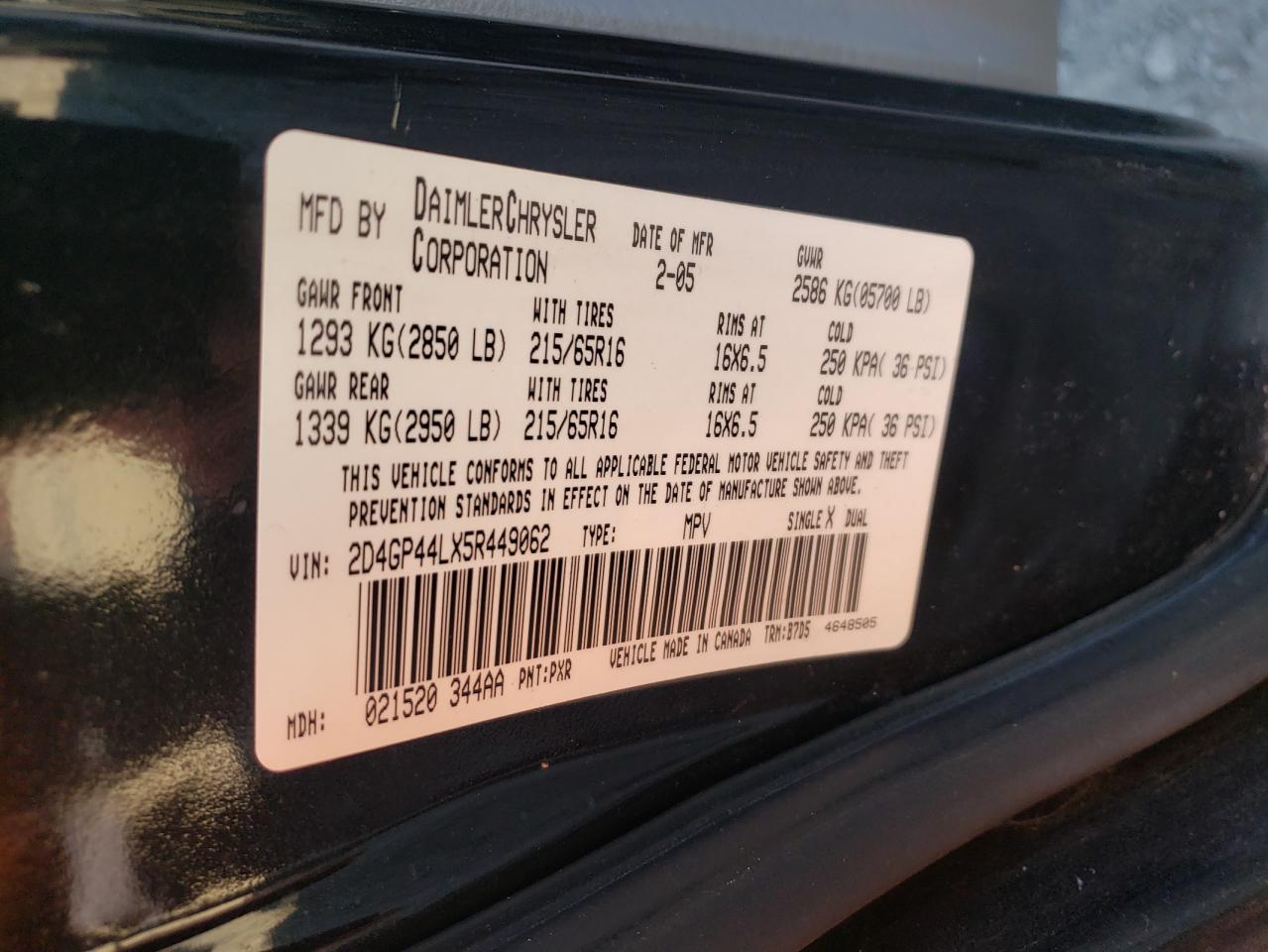 Photo 10 from auction – 2005 DODGE GRAND CARA with VIN 2D4GP44LX5R449062