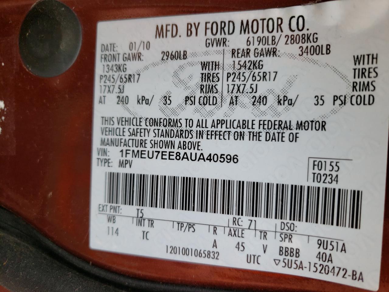 Photo 10 from auction – 2010 FORD EXPLORER E with VIN 1FMEU7EE8AUA40596