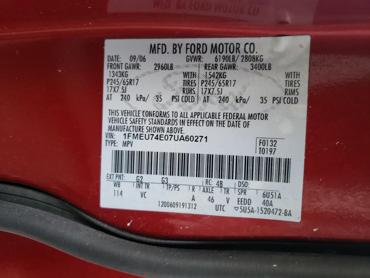 Photo 10 from auction – 2007 FORD EXPLORER E with VIN 1FMEU74E07UA60271