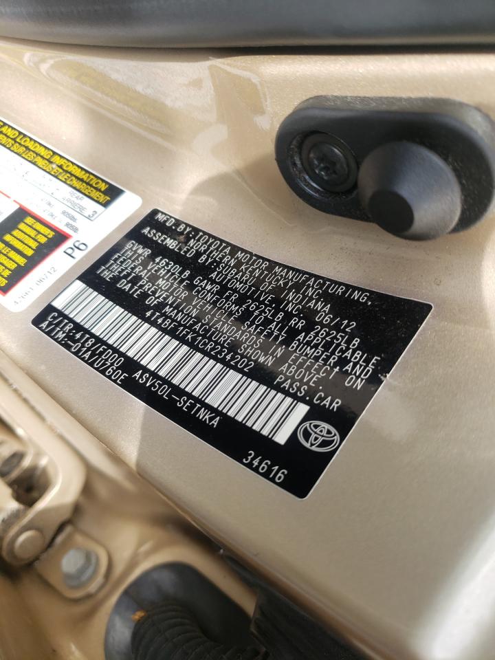 Photo 10 from auction – 2012 TOYOTA CAMRY BASE with VIN 4T4BF1FK1CR234202