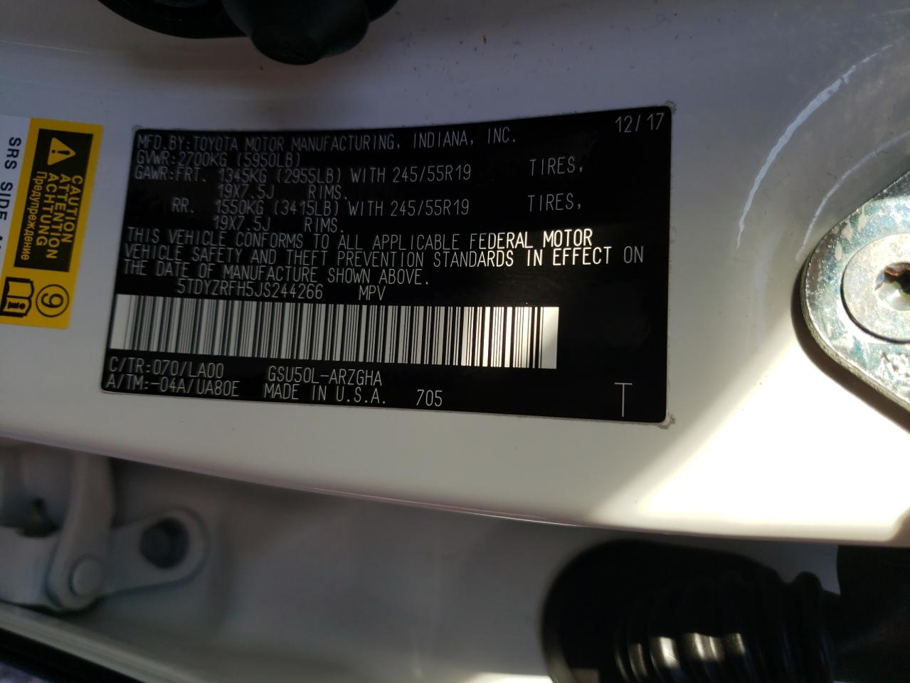 Photo 10 from auction – 2018 TOYOTA HIGHLANDER with VIN 5TDYZRFH5JS244266