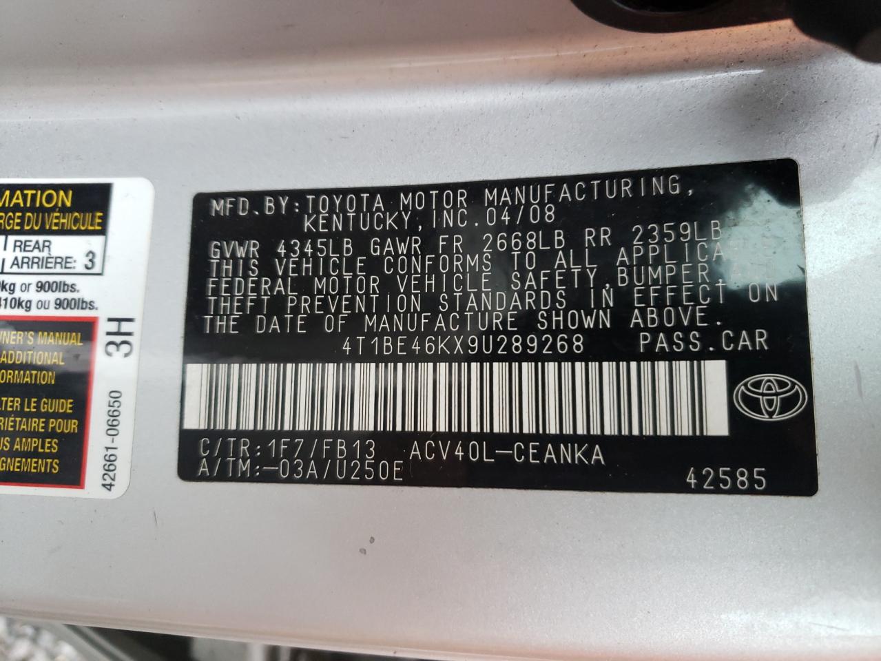 Photo 10 from auction – 2009 TOYOTA CAMRY BASE with VIN 4T1BE46KX9U289268