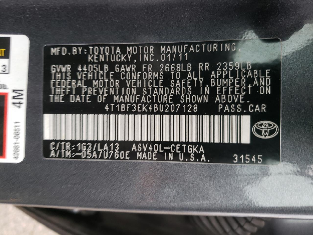 Photo 10 from auction – 2011 TOYOTA CAMRY BASE with VIN 4T1BF3EK4BU207128