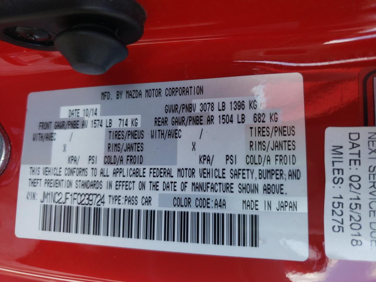 Photo 10 from auction – 2015 MAZDA MX-5 MIATA with VIN JM1NC2JF1F0239724