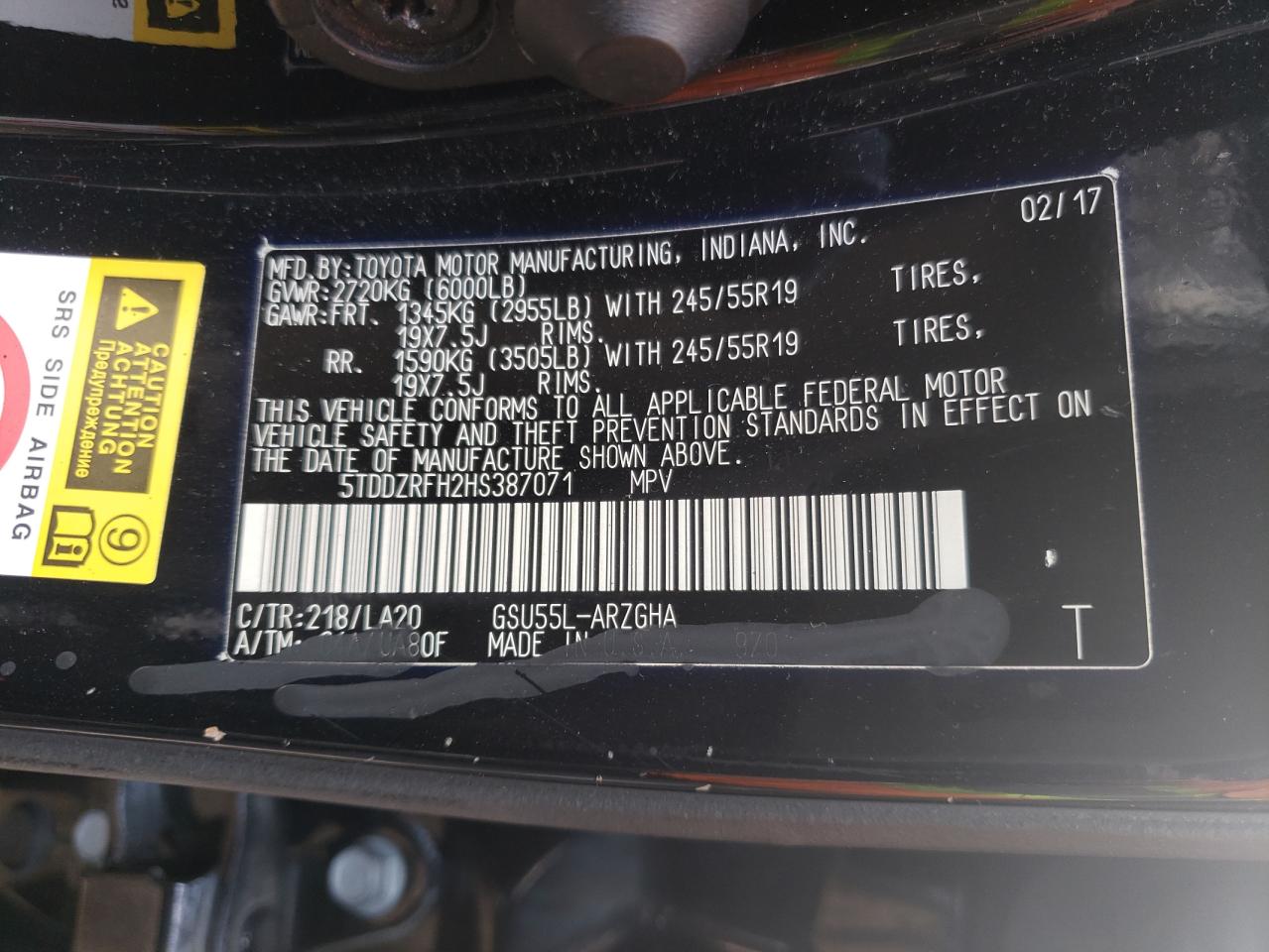 Photo 10 from auction – 2017 TOYOTA HIGHLANDER with VIN 5TDDZRFH2HS387071