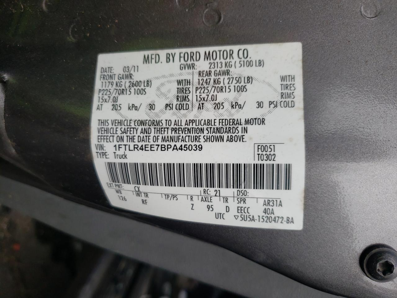 Photo 10 from auction – 2011 FORD RANGER SUP with VIN 1FTLR4EE7BPA45039