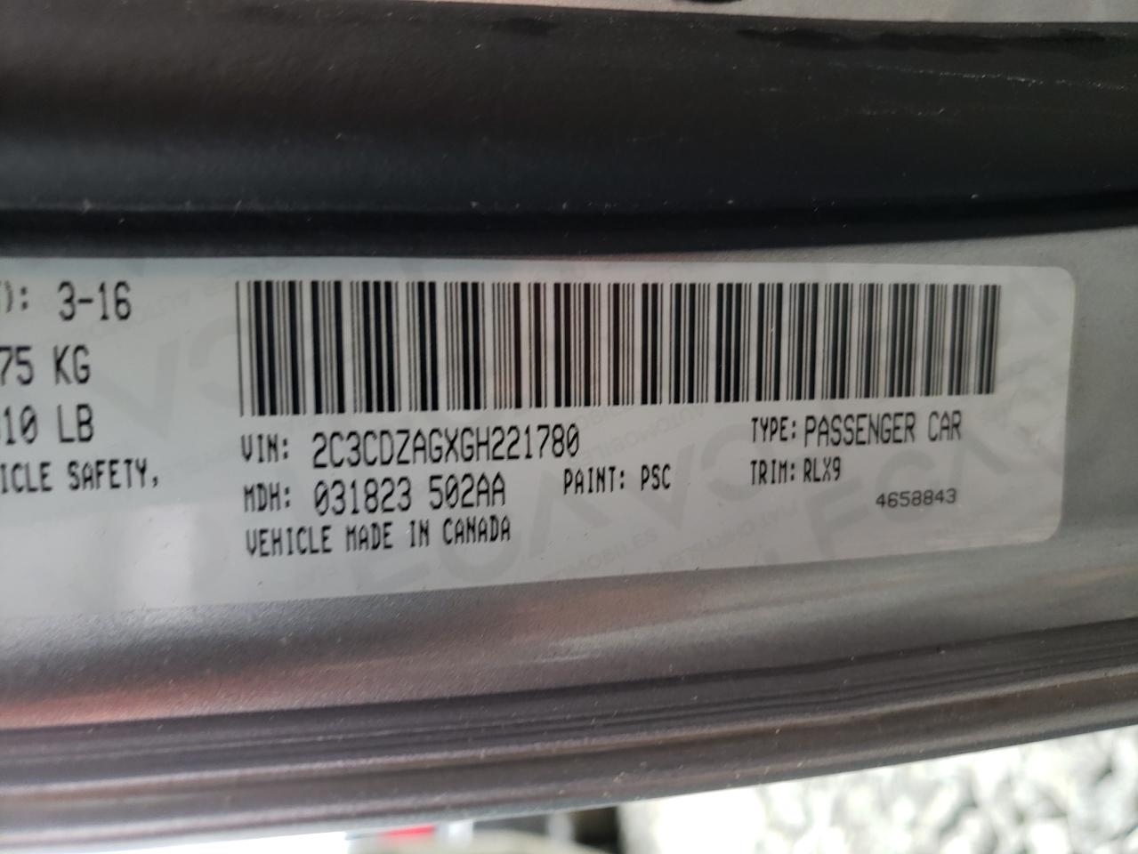 Photo 10 from auction – 2016 DODGE CHALLENGER with VIN 2C3CDZAGXGH221780