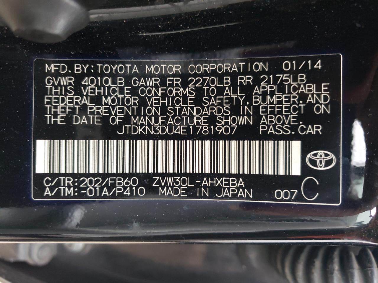 Photo 10 from auction – 2014 TOYOTA PRIUS with VIN JTDKN3DU4E1781907