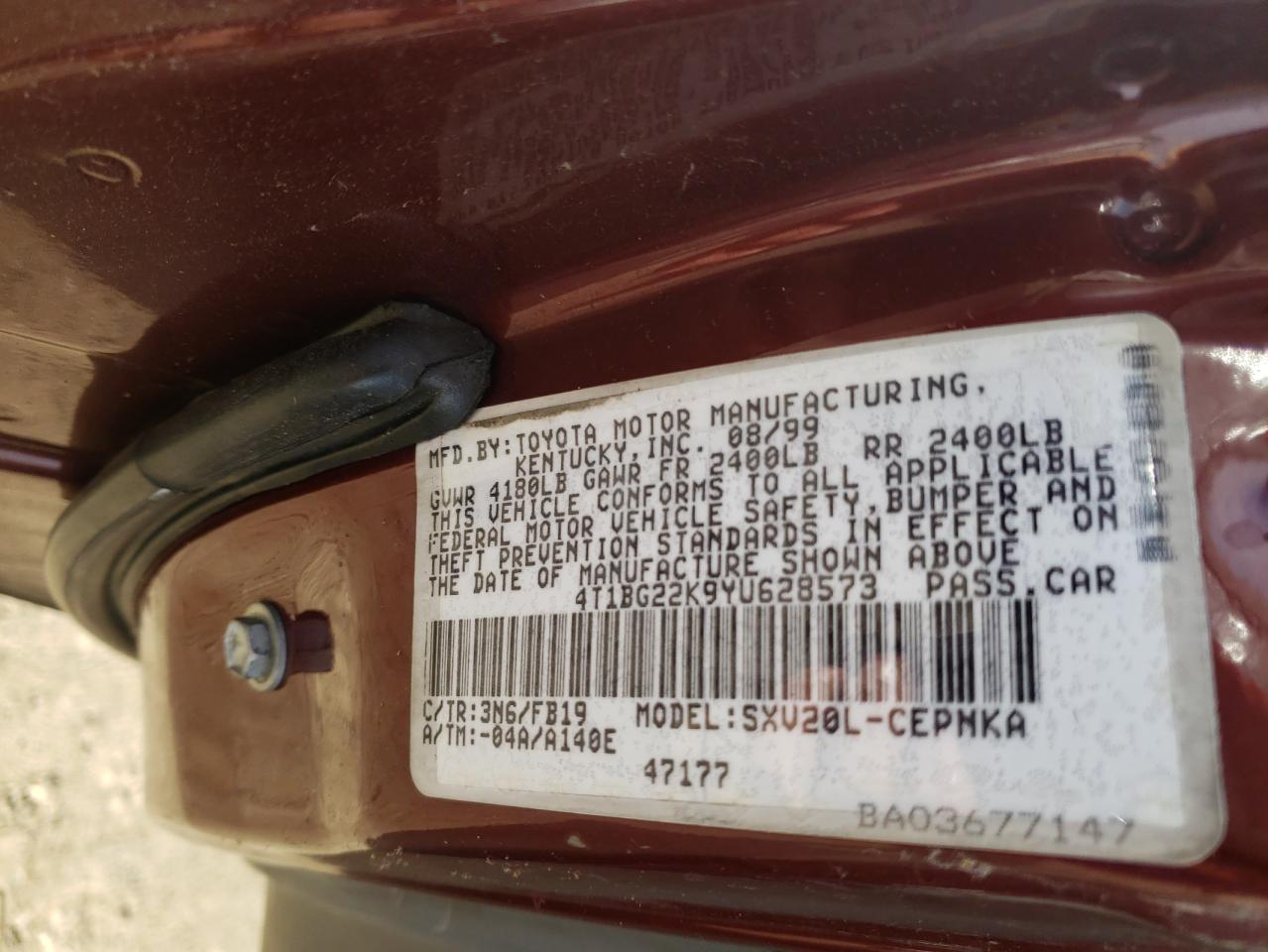 Photo 10 from auction – 2000 TOYOTA CAMRY CE with VIN 4T1BG22K9YU628573