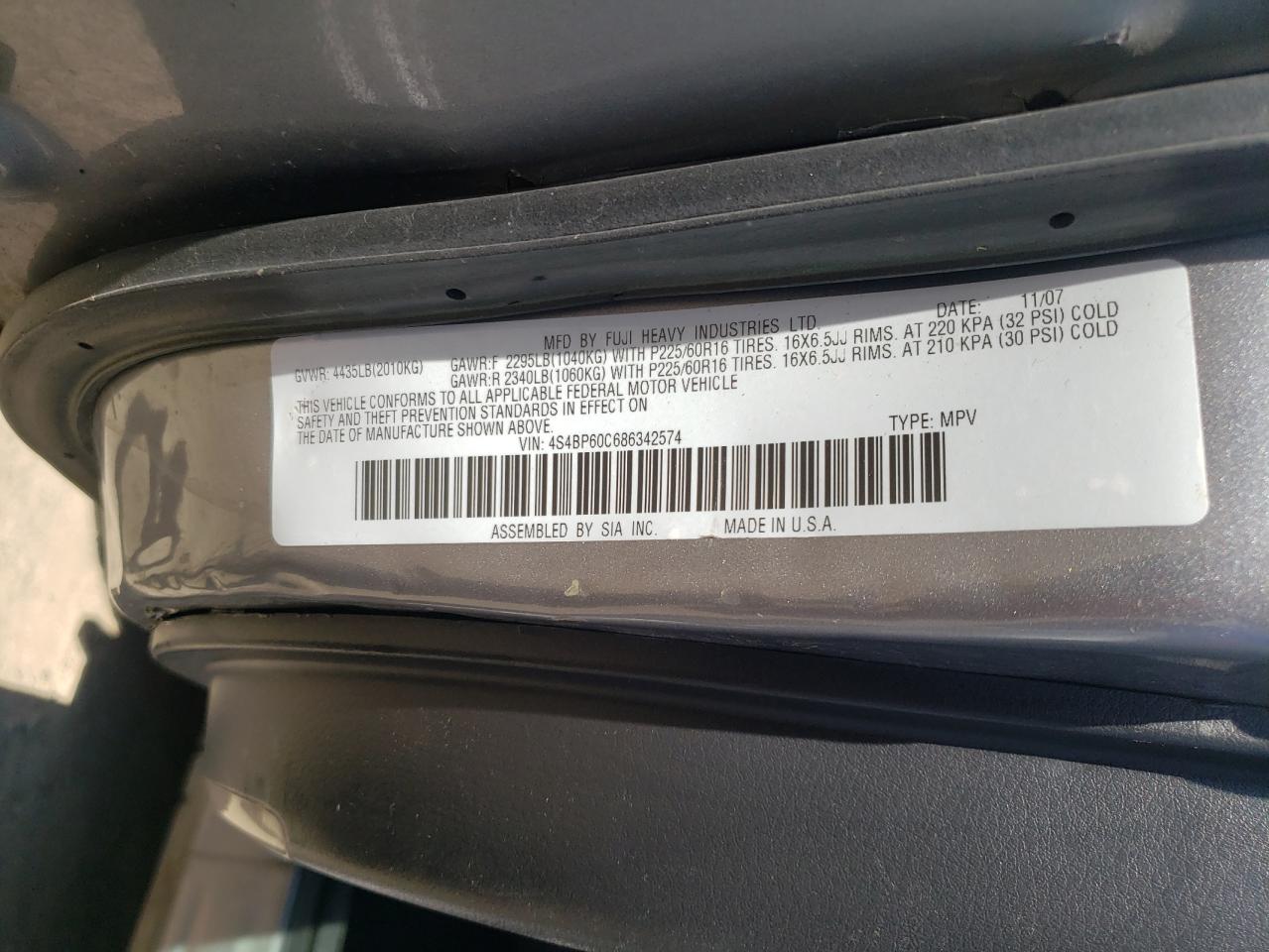 Photo 10 from auction – 2008 SUBARU OUTBACK with VIN 4S4BP60C686342574