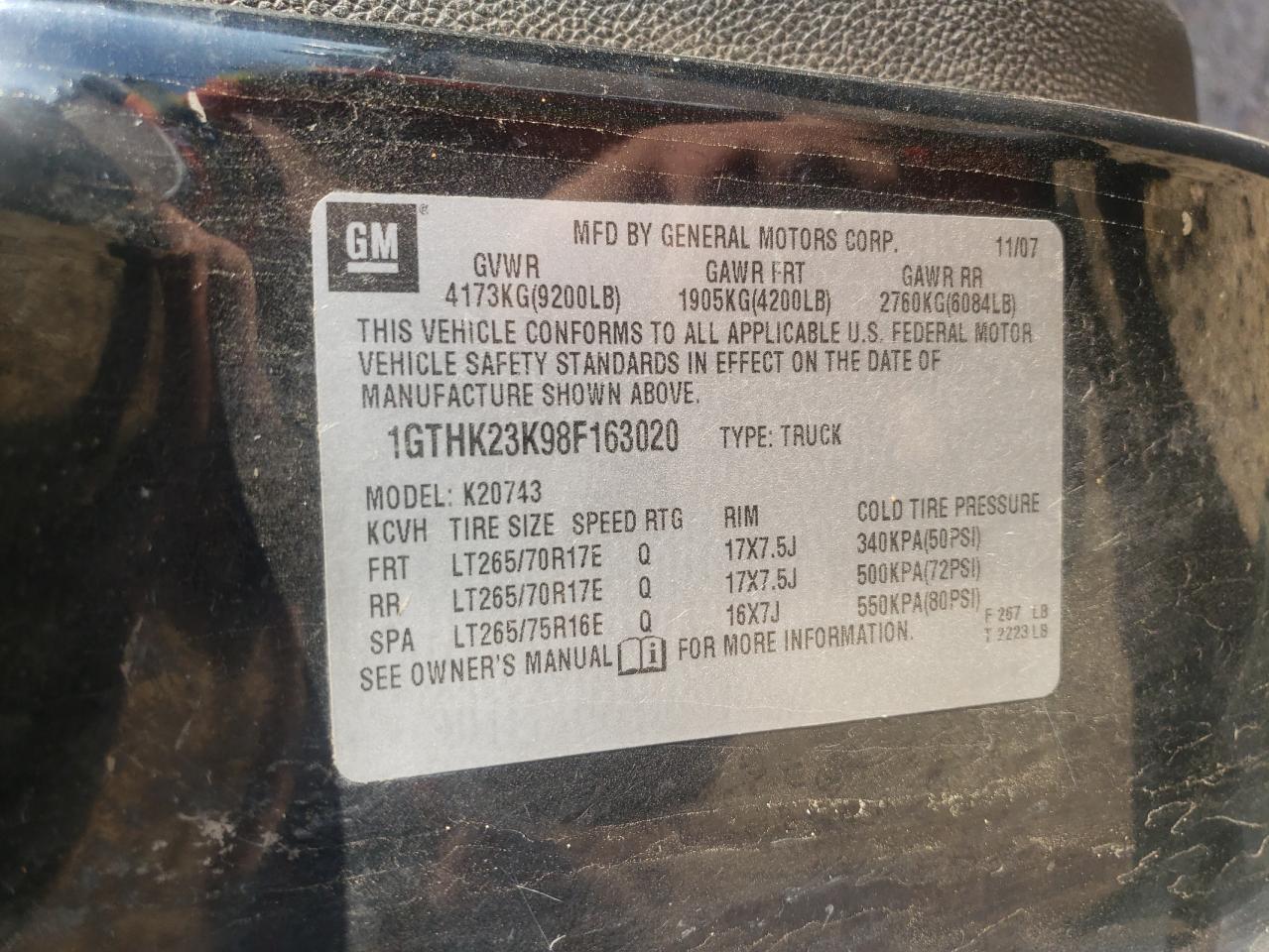 Photo 10 from auction – 2008 GMC SIERRA K25 with VIN 1GTHK23K98F163020
