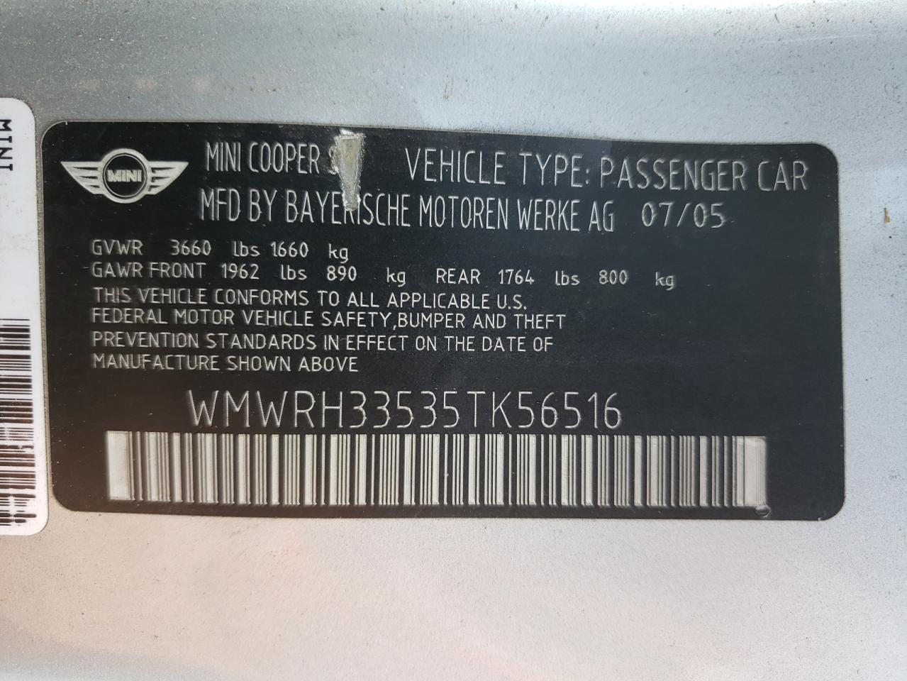 Photo 10 from auction – 2005 MINI COOPER S with VIN WMWRH33535TK56516