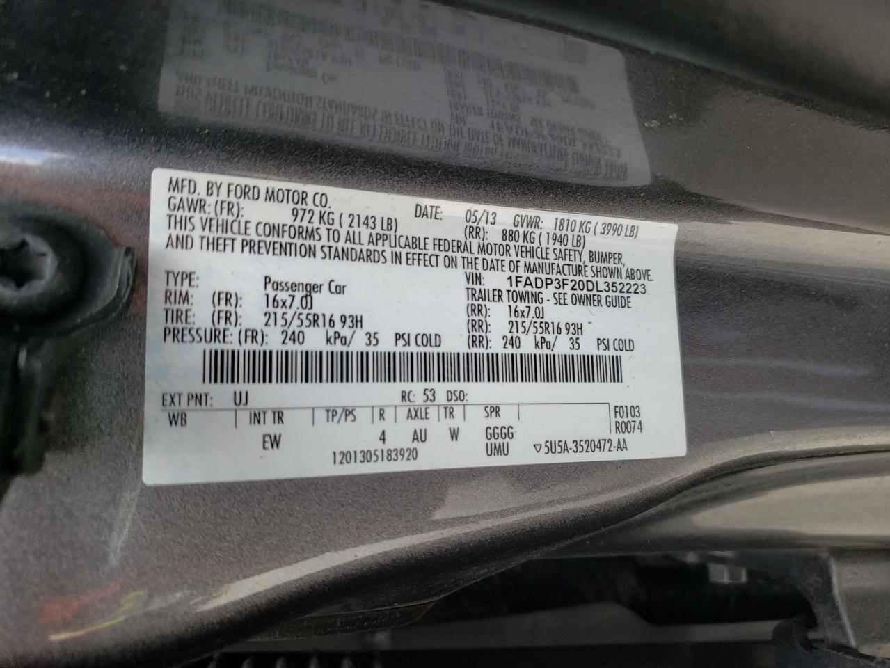 Photo 10 from auction – 2013 FORD FOCUS SE with VIN 1FADP3F20DL352223
