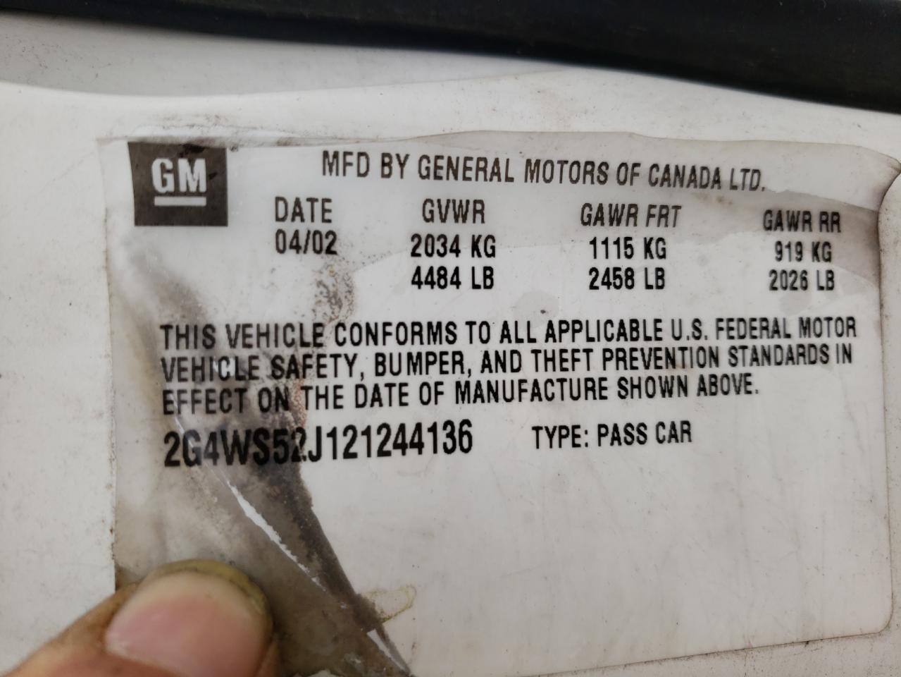 Photo 10 from auction – 2002 BUICK CENTURY with VIN 2G4WS52J121244136