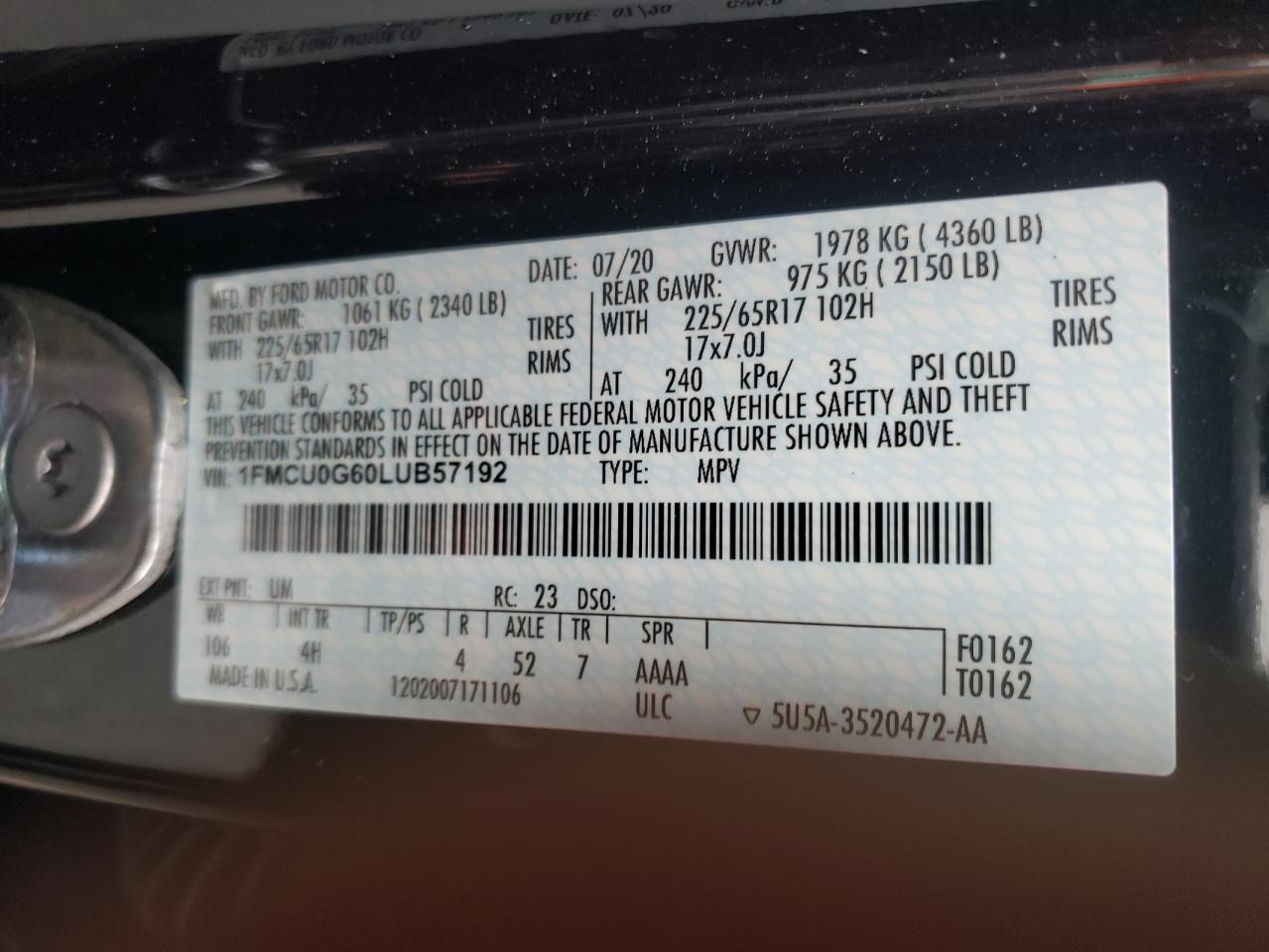 Photo 10 from auction – 2020 FORD ESCAPE SE with VIN 1FMCU0G60LUB57192