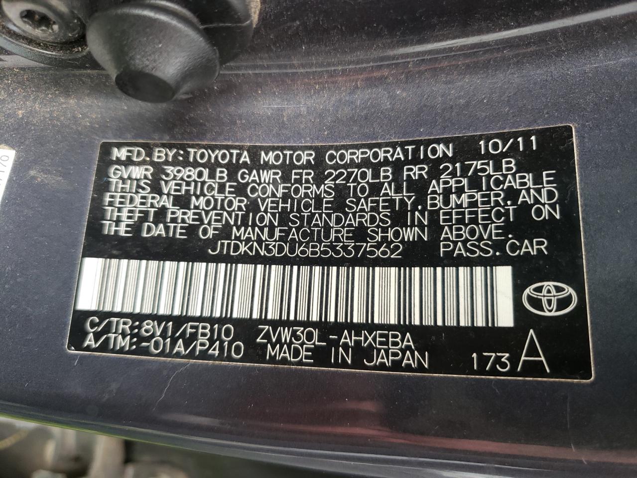 Photo 10 from auction – 2011 TOYOTA PRIUS with VIN JTDKN3DU6B5337562