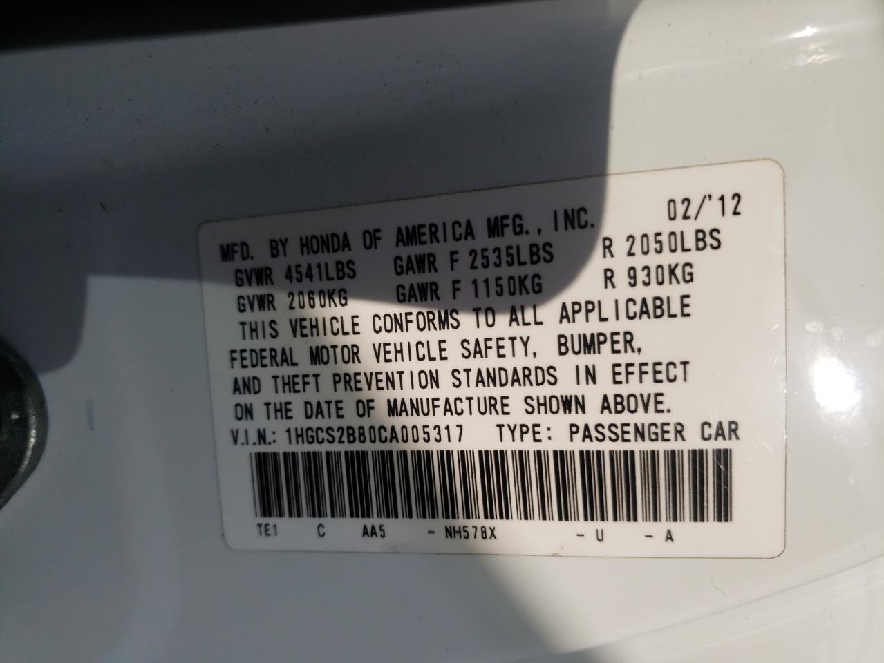 Photo 10 from auction – 2012 HONDA ACCORD EXL with VIN 1HGCS2B80CA005317