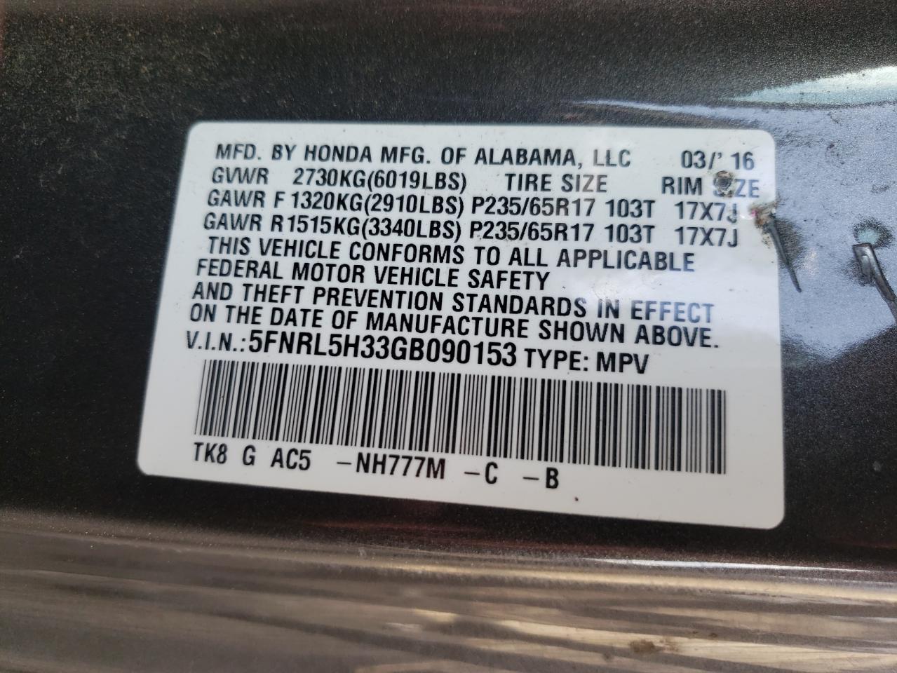 Photo 10 from auction – 2016 HONDA ODYSSEY SE with VIN 5FNRL5H33GB090153